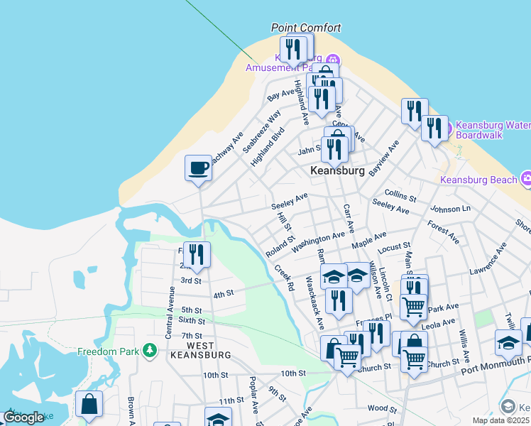 map of restaurants, bars, coffee shops, grocery stores, and more near 217 Seeley Avenue in Keansburg