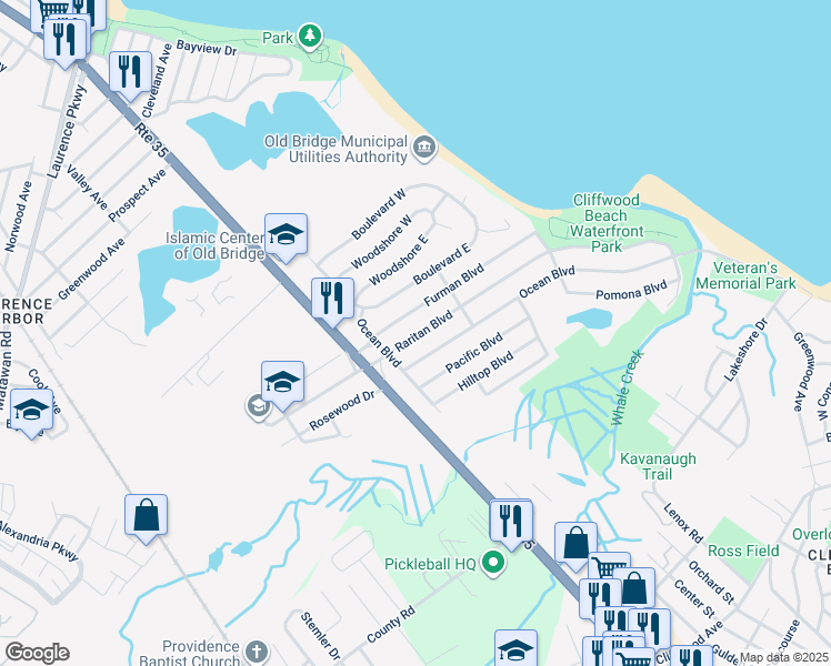 map of restaurants, bars, coffee shops, grocery stores, and more near 128 Raritan Boulevard in Keyport