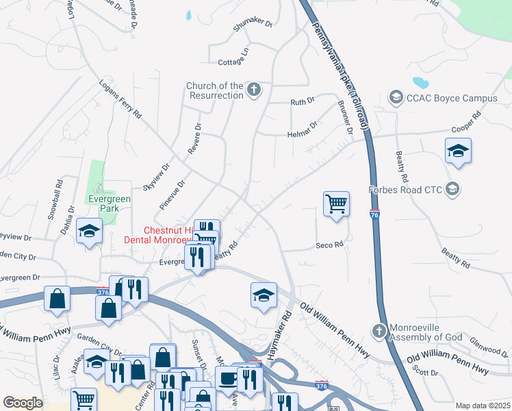 map of restaurants, bars, coffee shops, grocery stores, and more near 503 Beatty Road in Monroeville