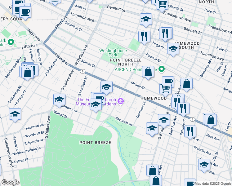 map of restaurants, bars, coffee shops, grocery stores, and more near 7180 Penn Avenue in Pittsburgh