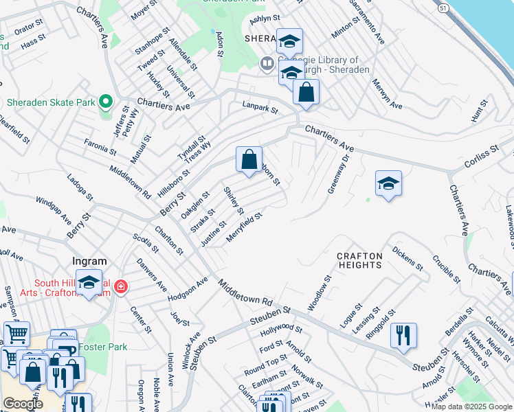 map of restaurants, bars, coffee shops, grocery stores, and more near 1235 Justine Street in Pittsburgh