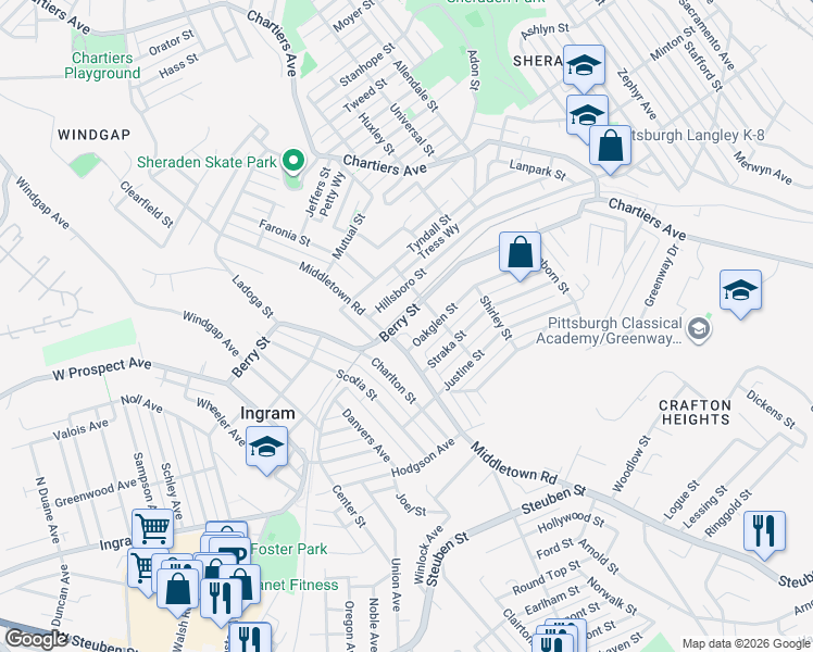 map of restaurants, bars, coffee shops, grocery stores, and more near 1432 West Busway in Pittsburgh