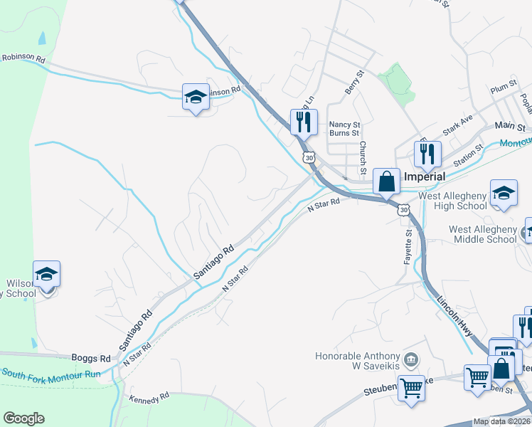 map of restaurants, bars, coffee shops, grocery stores, and more near 3143 Santiago Road in Imperial