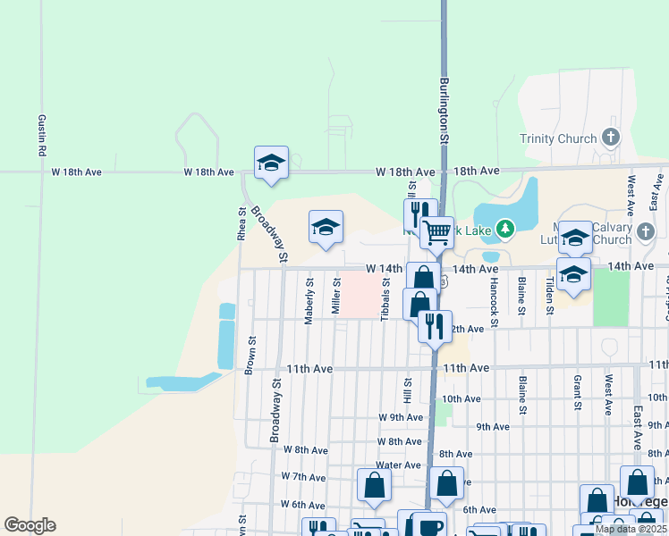 map of restaurants, bars, coffee shops, grocery stores, and more near 412 West 14th Avenue in Holdrege