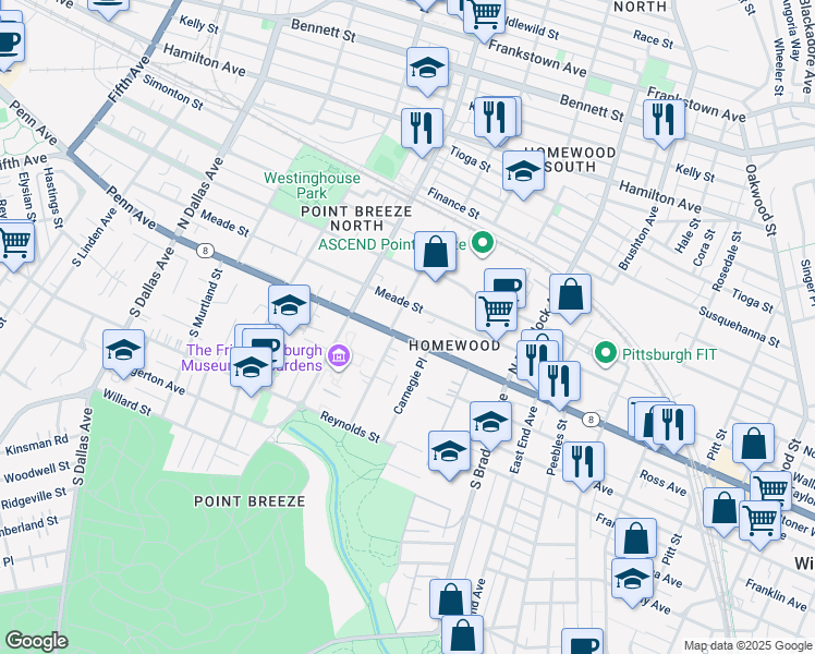 map of restaurants, bars, coffee shops, grocery stores, and more near 7301 Penn Avenue in Pittsburgh