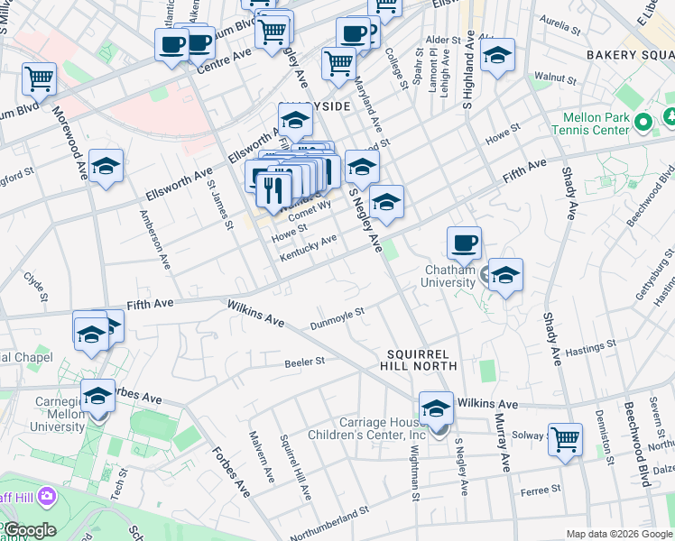 map of restaurants, bars, coffee shops, grocery stores, and more near 5520 Fifth Avenue in Pittsburgh