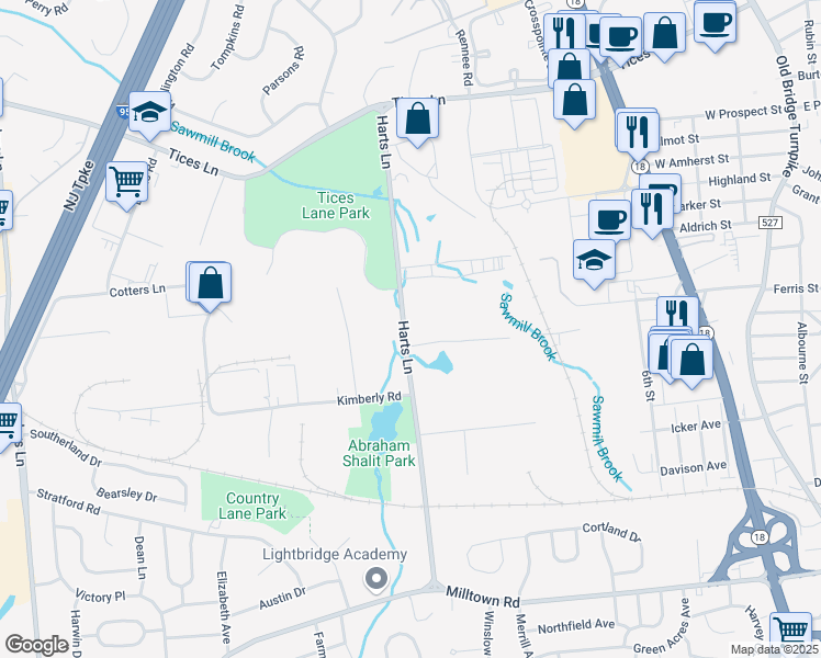 map of restaurants, bars, coffee shops, grocery stores, and more near 15 Harts Lane in East Brunswick