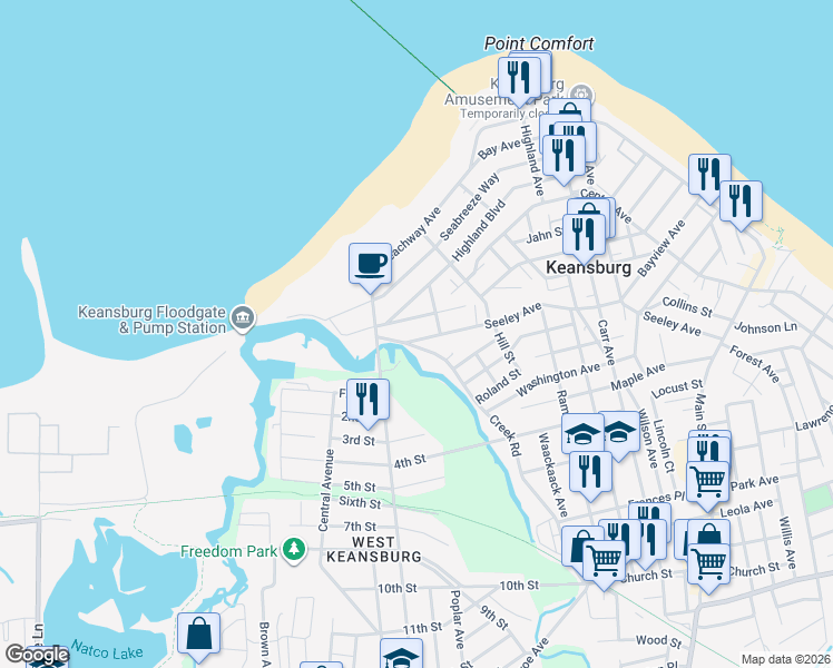 map of restaurants, bars, coffee shops, grocery stores, and more near 245 Seeley Avenue in Keansburg