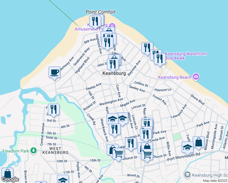 map of restaurants, bars, coffee shops, grocery stores, and more near 5 Circuit Street in Keansburg