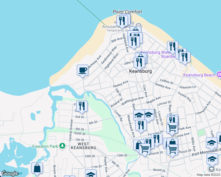 map of restaurants, bars, coffee shops, grocery stores, and more near 217 Seeley Avenue in Keansburg