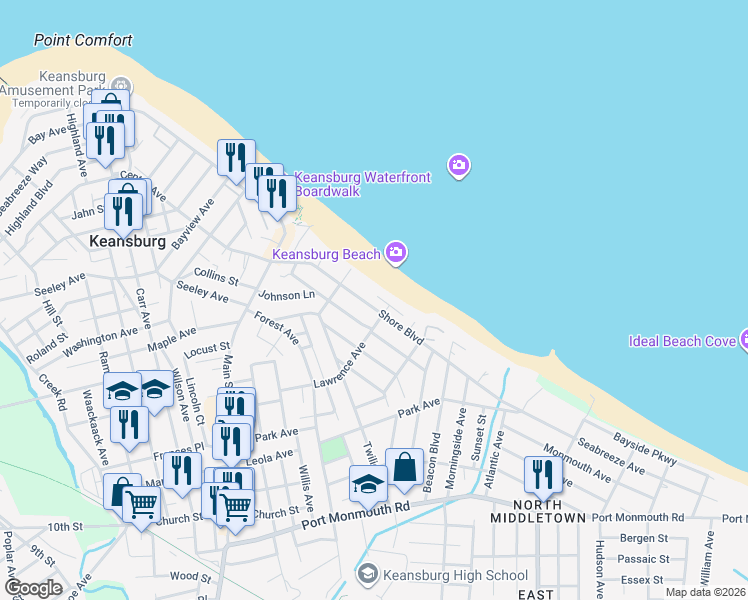 map of restaurants, bars, coffee shops, grocery stores, and more near 95 Shore Boulevard in Keansburg