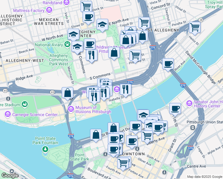 map of restaurants, bars, coffee shops, grocery stores, and more near 228 Federal Street in Pittsburgh