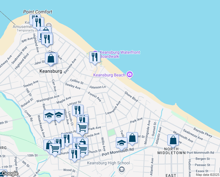 map of restaurants, bars, coffee shops, grocery stores, and more near 28 Twilight Avenue in Keansburg