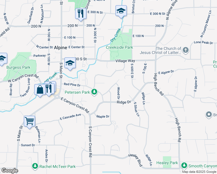 map of restaurants, bars, coffee shops, grocery stores, and more near 415 Silver Leaf Dr in Alpine