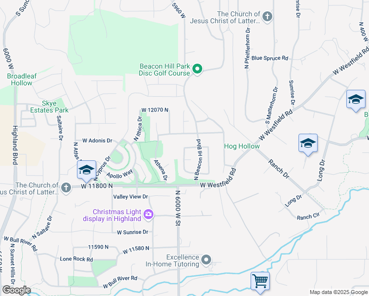 map of restaurants, bars, coffee shops, grocery stores, and more near 6772 North Star Drive in Highland