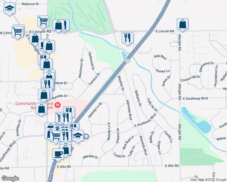 map of restaurants, bars, coffee shops, grocery stores, and more near 3109 Field Drive in Kokomo