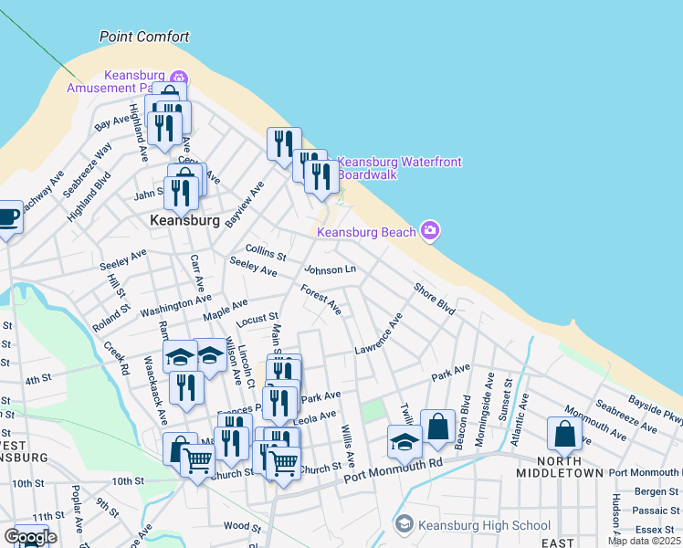 map of restaurants, bars, coffee shops, grocery stores, and more near 48 Johnson Lane in Keansburg