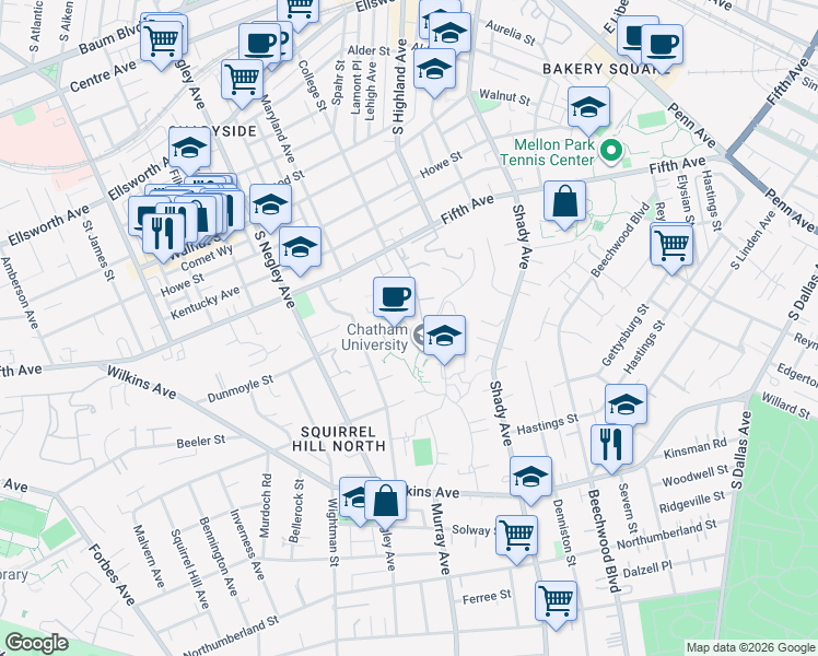 map of restaurants, bars, coffee shops, grocery stores, and more near Chapel Hill Rd in Pittsburgh