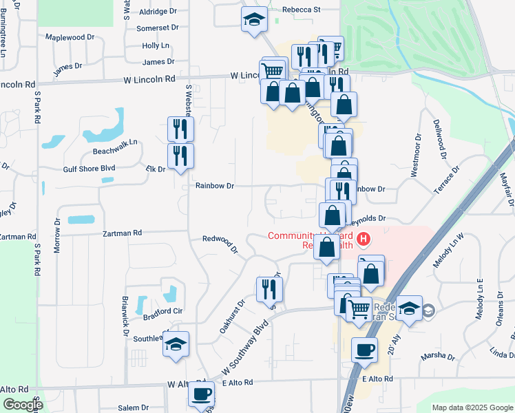 map of restaurants, bars, coffee shops, grocery stores, and more near 3318 Frances Lane in Kokomo