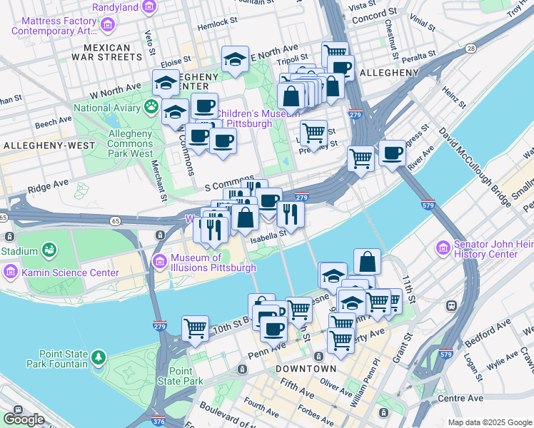 map of restaurants, bars, coffee shops, grocery stores, and more near 207 Sandusky Street in Pittsburgh