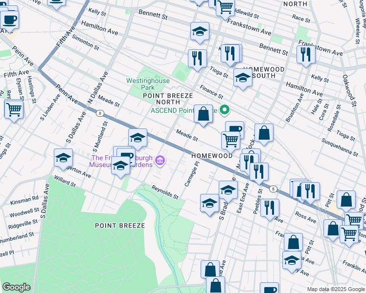 map of restaurants, bars, coffee shops, grocery stores, and more near 7301 Penn Avenue in Pittsburgh