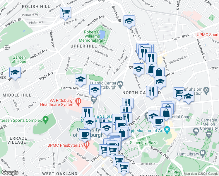 map of restaurants, bars, coffee shops, grocery stores, and more near 4230 Centre Avenue in Pittsburgh