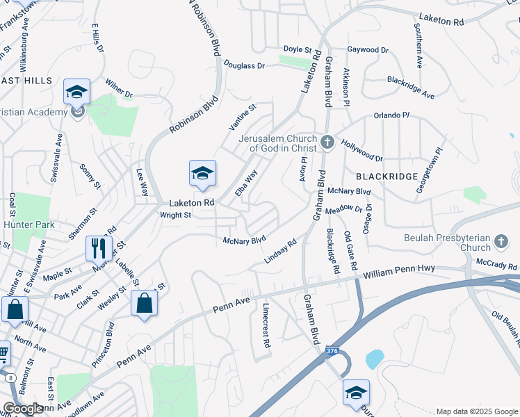 map of restaurants, bars, coffee shops, grocery stores, and more near 1481 Elizabeth Boulevard in Pittsburgh