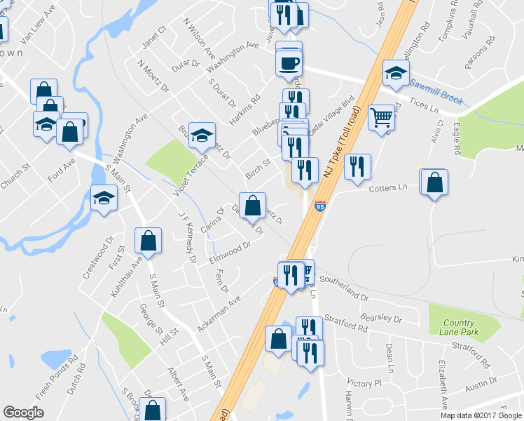 map of restaurants, bars, coffee shops, grocery stores, and more near 150 South Moetz Drive in Milltown