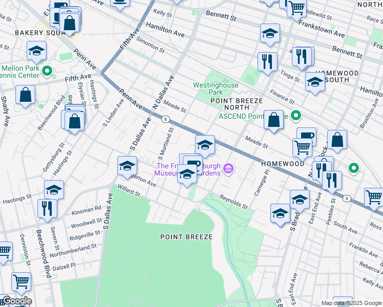 map of restaurants, bars, coffee shops, grocery stores, and more near 208 South Lang Avenue in Pittsburgh
