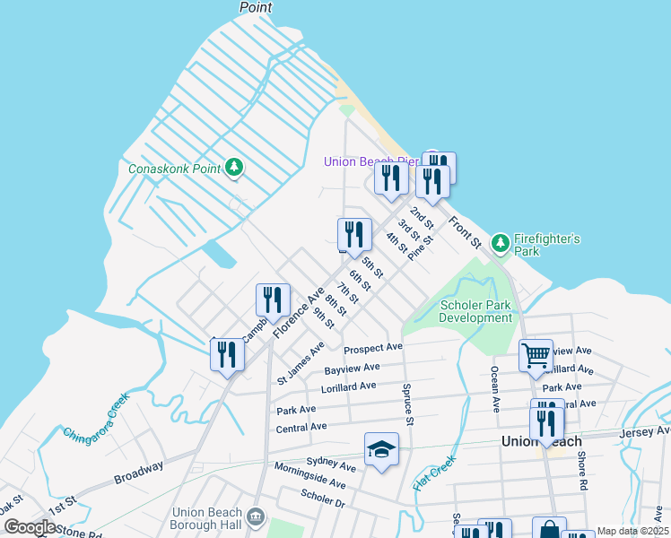 map of restaurants, bars, coffee shops, grocery stores, and more near 610 Florence Avenue in Union Beach