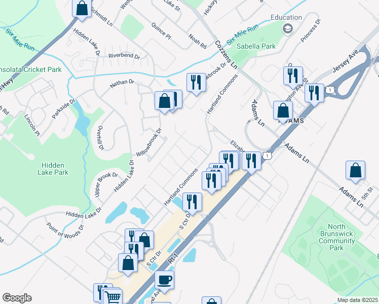 map of restaurants, bars, coffee shops, grocery stores, and more near 17 Brighton Way in North Brunswick Township