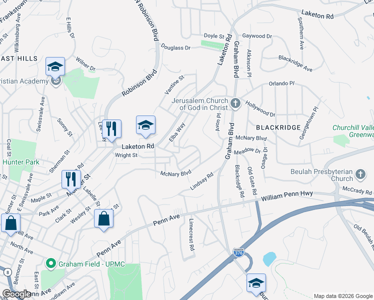 map of restaurants, bars, coffee shops, grocery stores, and more near 1481 Elizabeth Boulevard in Pittsburgh