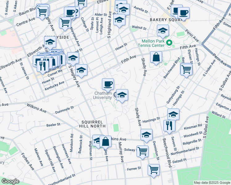 map of restaurants, bars, coffee shops, grocery stores, and more near 5700 Chapel Hill Road in Pittsburgh