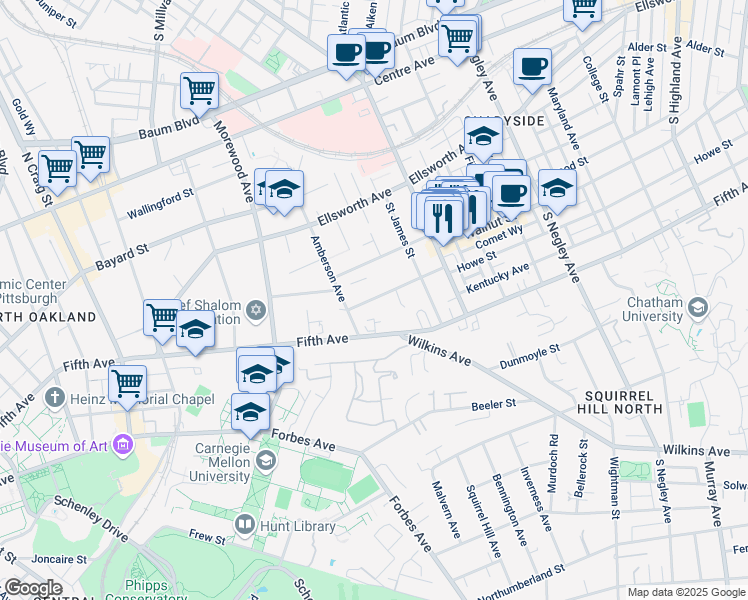map of restaurants, bars, coffee shops, grocery stores, and more near 5139 Westminster Place in Pittsburgh