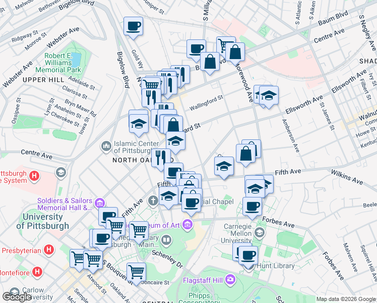 map of restaurants, bars, coffee shops, grocery stores, and more near 540 North Neville Street in Pittsburgh