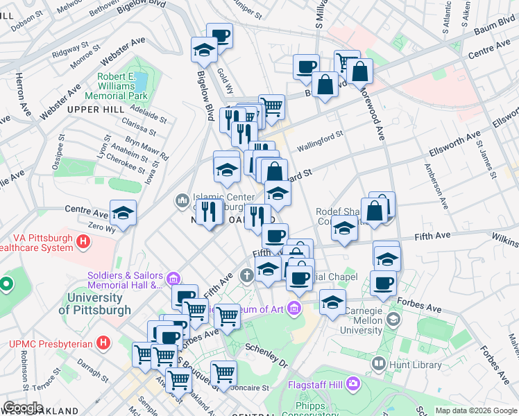 map of restaurants, bars, coffee shops, grocery stores, and more near 200 North Dithridge Street in Pittsburgh