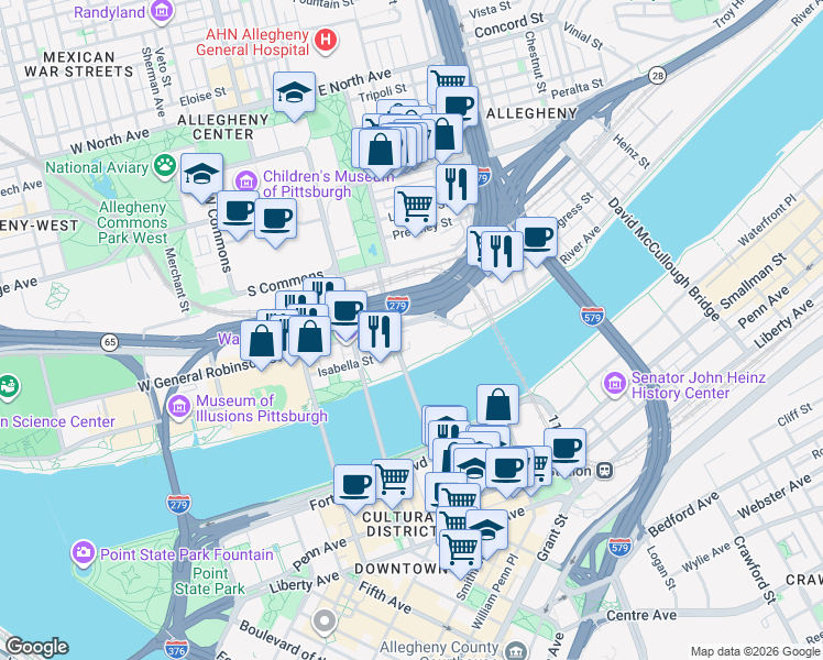map of restaurants, bars, coffee shops, grocery stores, and more near 10 Children's Way in Pittsburgh