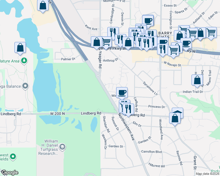 map of restaurants, bars, coffee shops, grocery stores, and more near 205 Trace 2 in West Lafayette
