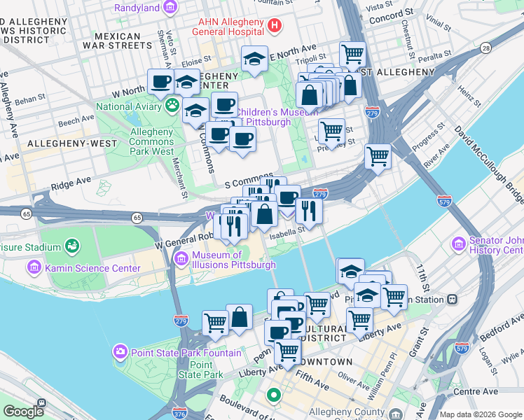 map of restaurants, bars, coffee shops, grocery stores, and more near 228 Federal Street in Pittsburgh