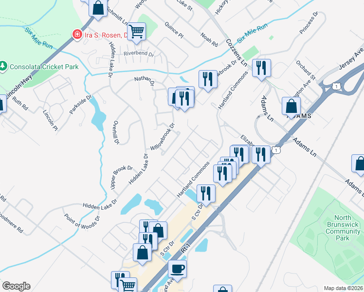 map of restaurants, bars, coffee shops, grocery stores, and more near 247 Goodwin Drive in North Brunswick Township