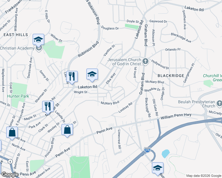 map of restaurants, bars, coffee shops, grocery stores, and more near 1481 Elizabeth Boulevard in Pittsburgh