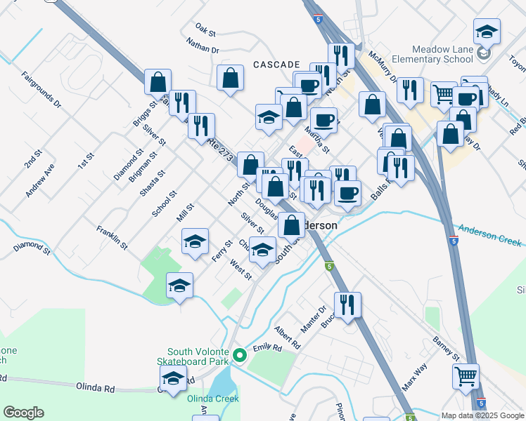 map of restaurants, bars, coffee shops, grocery stores, and more near 1931 Ferry Street in Anderson