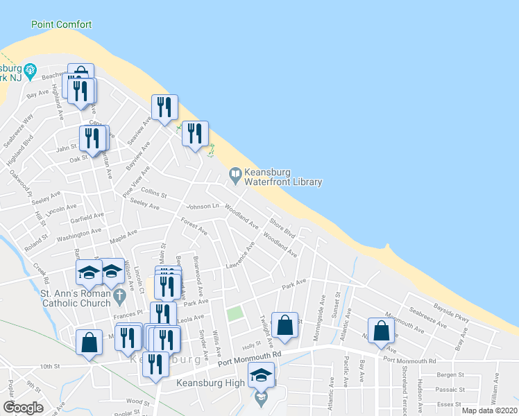 map of restaurants, bars, coffee shops, grocery stores, and more near 95 Shore Boulevard in Keansburg