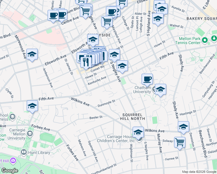 map of restaurants, bars, coffee shops, grocery stores, and more near 5600 Fifth Avenue in Pittsburgh