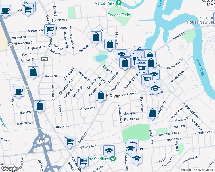map of restaurants, bars, coffee shops, grocery stores, and more near 8 John Street in South River