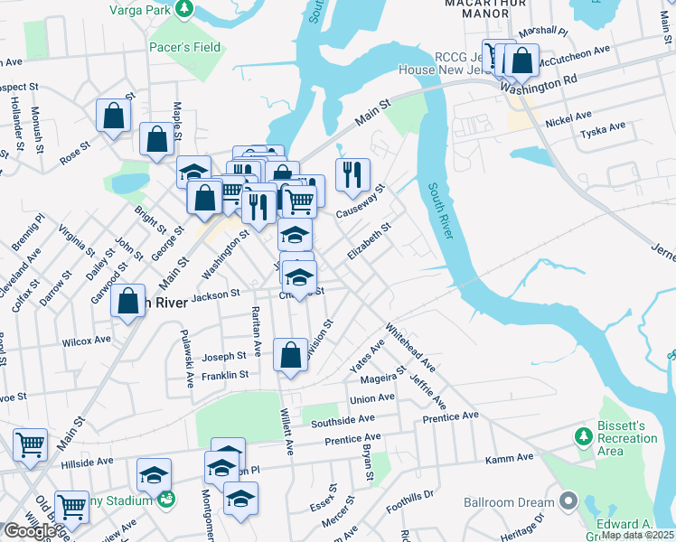 map of restaurants, bars, coffee shops, grocery stores, and more near 2 Elizabeth Street in South River
