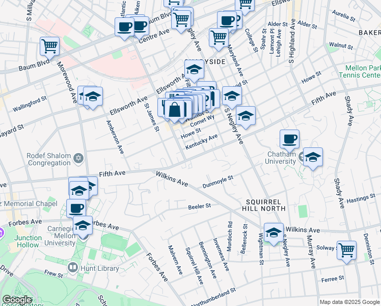 map of restaurants, bars, coffee shops, grocery stores, and more near 5415 Fifth Avenue in Pittsburgh