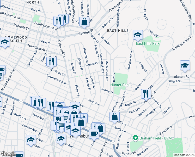 map of restaurants, bars, coffee shops, grocery stores, and more near 1635 Mill Street in Pittsburgh