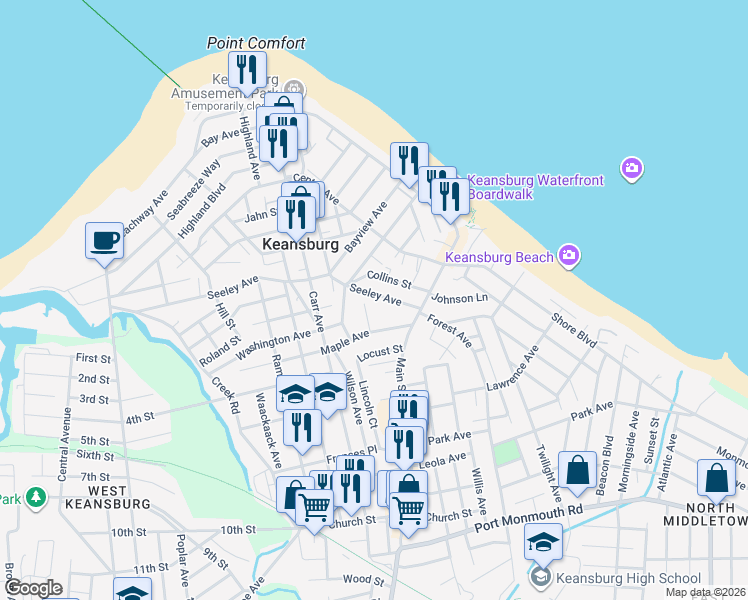 map of restaurants, bars, coffee shops, grocery stores, and more near 52 Seeley Avenue in Keansburg