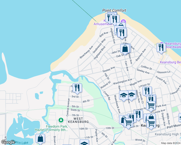 map of restaurants, bars, coffee shops, grocery stores, and more near 245 Seeley Avenue in Keansburg